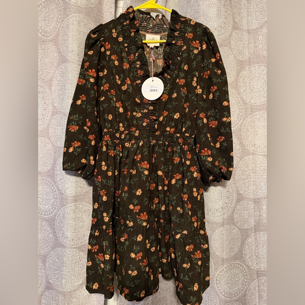 Black Floral Ruffle V-Neck Dress